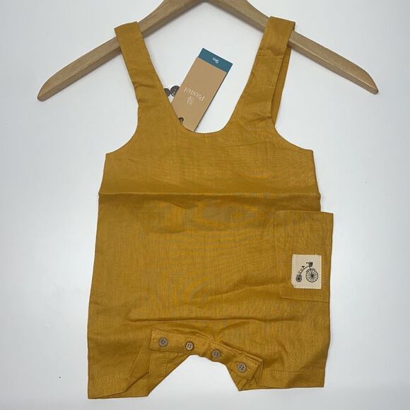 Pastel CRISSBACK SHORTALL WITH POCKET COLOR Butterscotch 100% Linen romper New - Picture 1 of 5